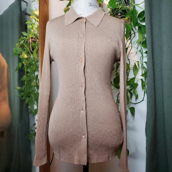 BABATON | Ribbed Button-Up Collared Finley Sweater in Tan (Size L) - Picture 2 of 8